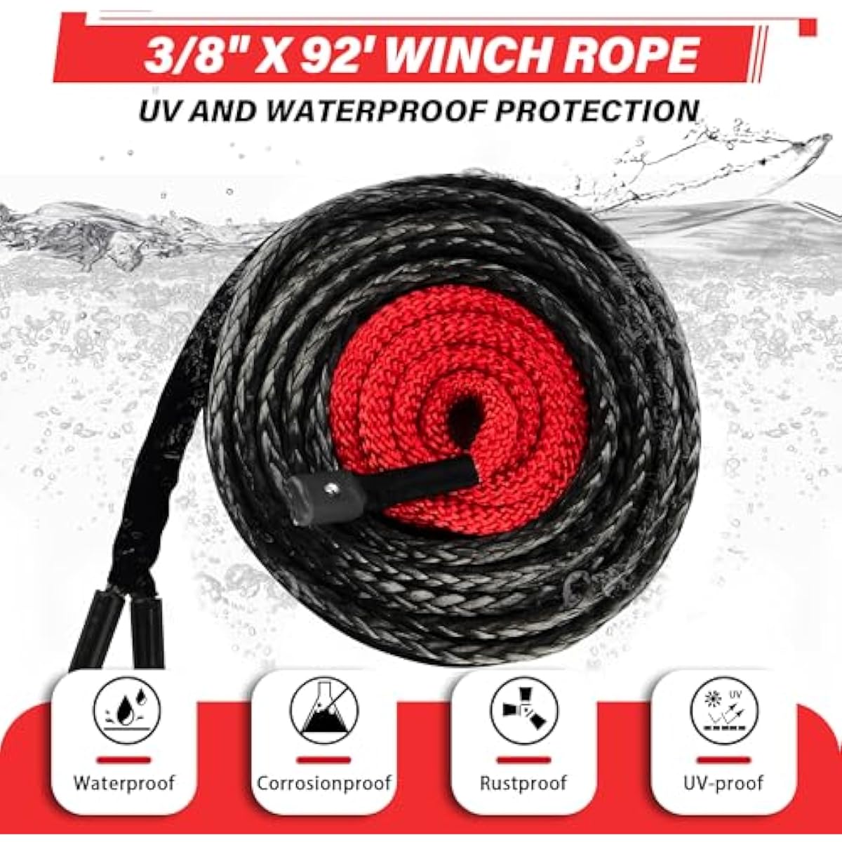 TYT Synthetic Winch Rope Kit,Protective Sleeve, Heavy Duty Hook and Safety Pull Strap for Off-Road 4x4 Vehicles (Black)