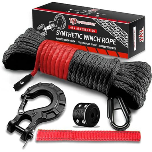 TYT Off-Road Winch Rope Kit - 1/4''x50', 10000 Lbs Black Synthetic Cable with Protective Sheath, Heavy-Duty Hook, Safety Pull Strap & Rubber Stopper Ideal for 4WD ATV UTV Vehicles, Grey, (JPS1450IG)