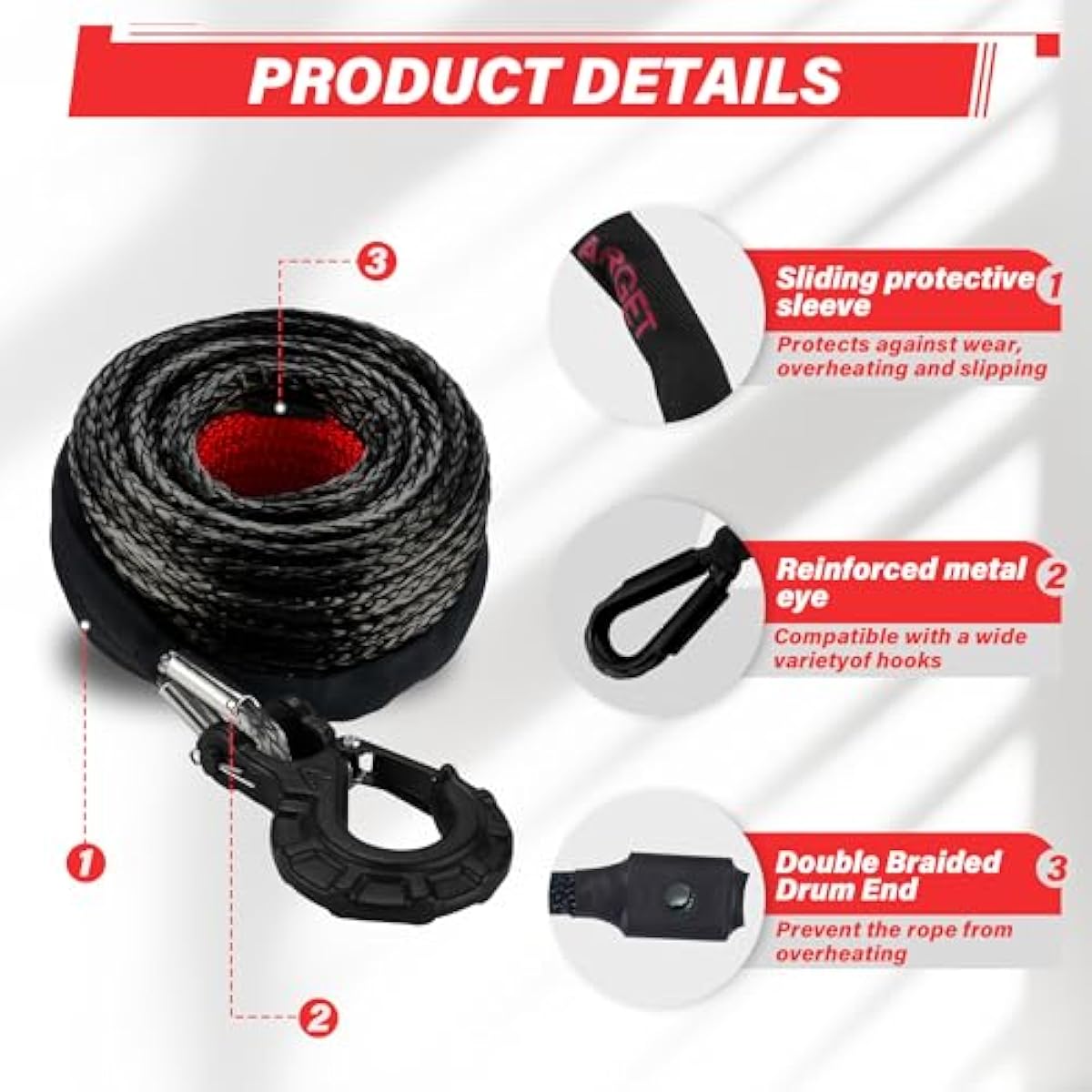 TYT Synthetic Winch Rope Kit,Protective Sleeve, Heavy Duty Hook and Safety Pull Strap for Off-Road 4x4 Vehicles (Black)
