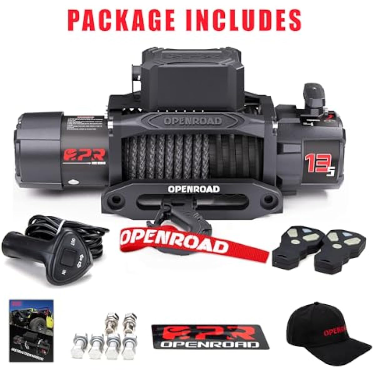 OPENROAD (10000lb|12000lb|13500lb)  Recovery Winch with Synthetic Rope and 2 Wireless Remotes - IP68 Waterproof 12V Electric Winch for Jeep, SUV, Truck & Trailer - Panther Series 3S