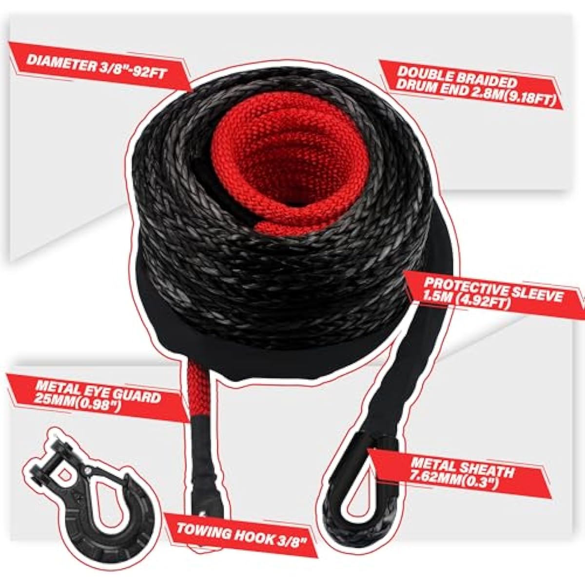 TYT Synthetic Winch Rope Kit,Protective Sleeve, Heavy Duty Hook and Safety Pull Strap for Off-Road 4x4 Vehicles (Black)