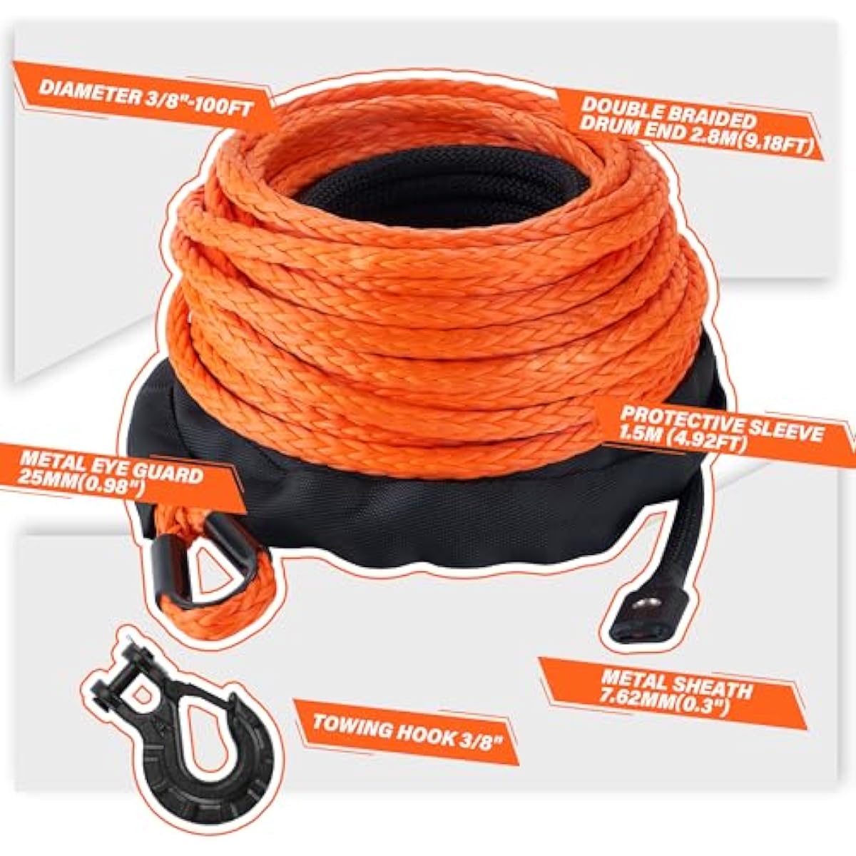 TYT Synthetic Winch Rope 3/8" X 92' with Hook, 27000LBS Synthentic Winch Cable Kit with Protective Sleeve for 4WD Off Road Vehicle Truck SUV Jeep (Orange)