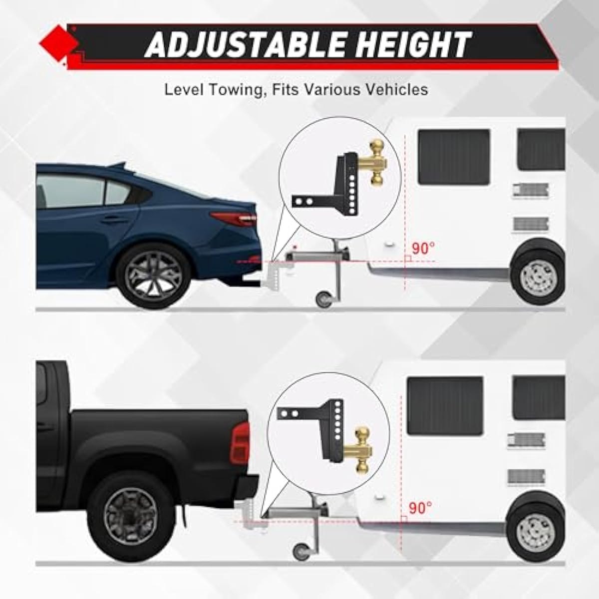 TYT Adjustable Truck Trailer Hitch for (2 inch |2.5 inch) Receiver, 6" Drop/Rise Tow Hitch with Dual Balls (2" & 2-5/16"), 14,000 lbs GTW, 1,400 lbs TW, Includes Two Pin Locks & Hitch Tightener