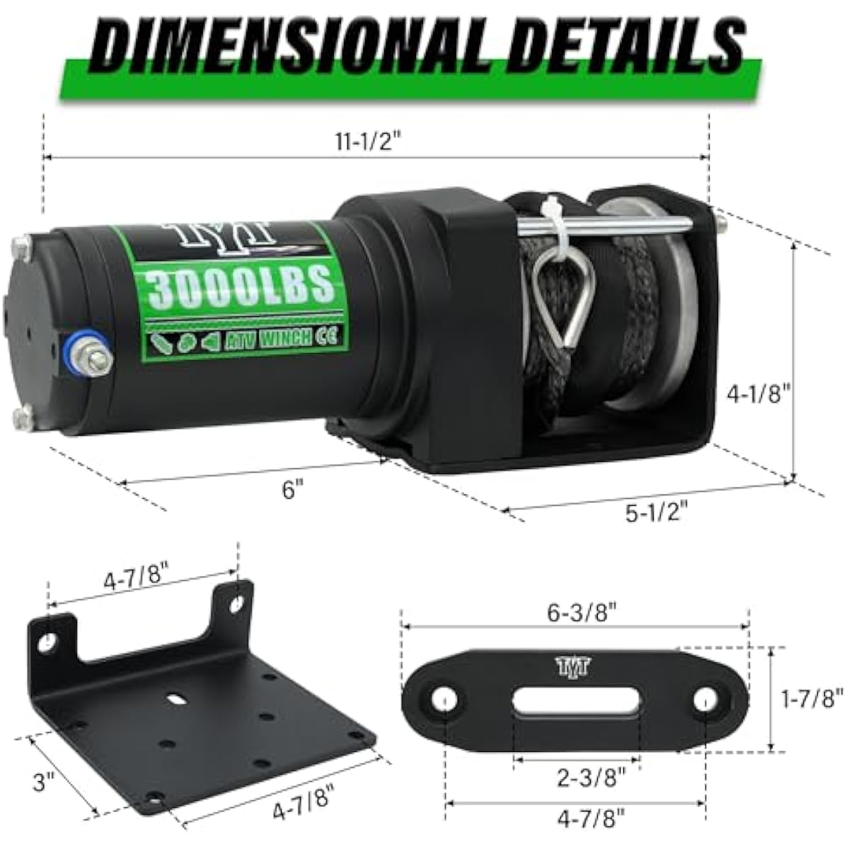 TYT (2500lb|3000lb|3500lb|6500lb) ATV Winch, 12V DC Electric Winch with Wireless Remote and Wired Switch, 1/5"x 32FT Synthetic Winch Rope with Fairlead and Winch Mounting Plate