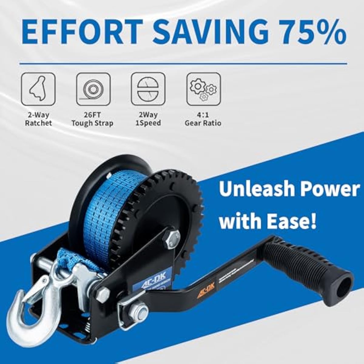 AC-DK 1600lbs Heavy Duty Boat Trailer Winch with 26FT Strap, 2-Way Ratchet & 4:1 Gear Trailer Winch, Portable Hand Crank Winch for Boat, Truck, Trailer, RV, ATV, Jet Ski