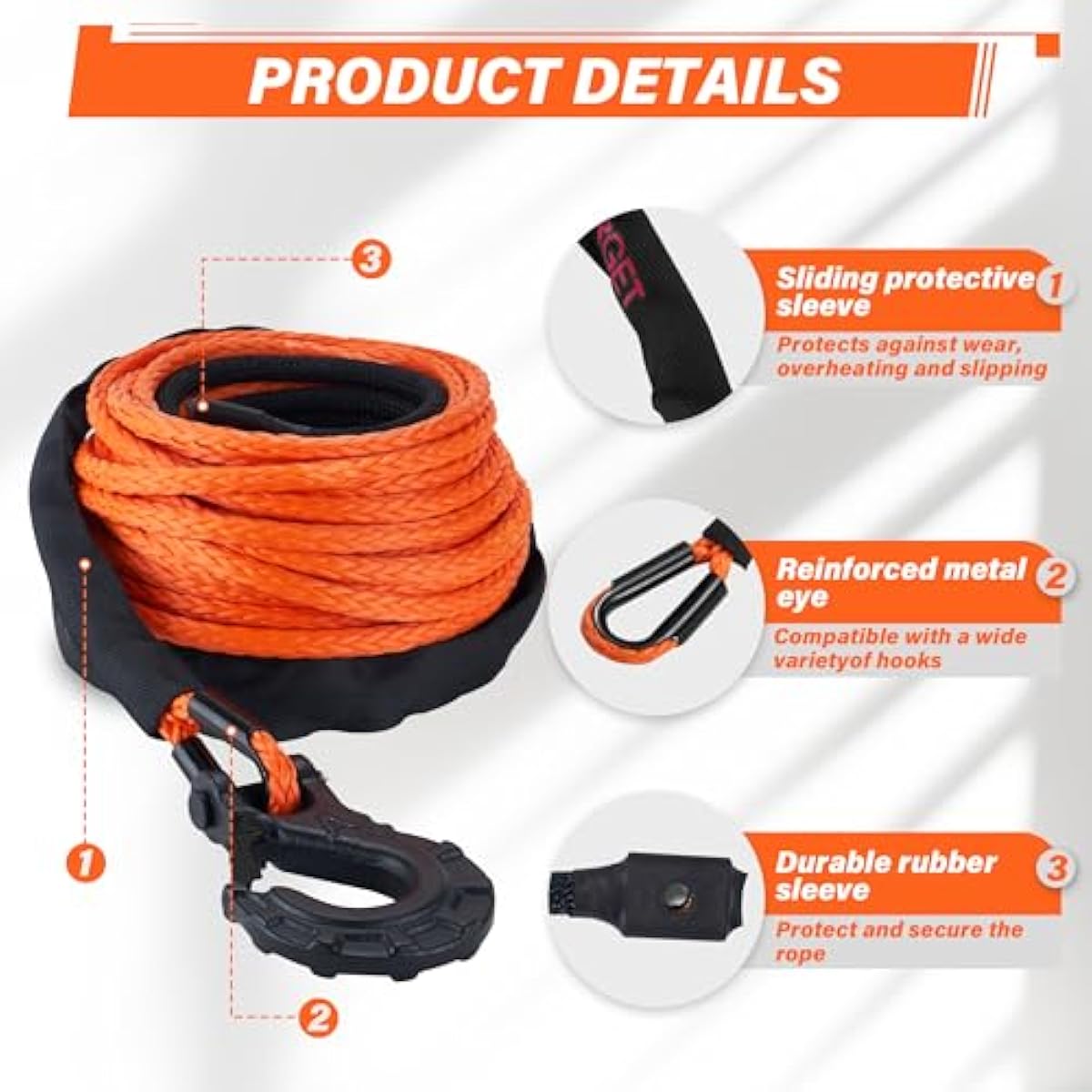 TYT Synthetic Winch Rope 3/8" X 92' with Hook, 27000LBS Synthentic Winch Cable Kit with Protective Sleeve for 4WD Off Road Vehicle Truck SUV Jeep (Orange)