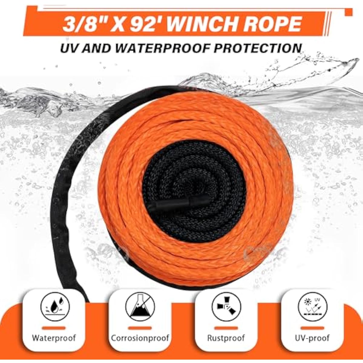 TYT Synthetic Winch Rope 3/8" X 92' with Hook, 27000LBS Synthentic Winch Cable Kit with Protective Sleeve for 4WD Off Road Vehicle Truck SUV Jeep (Orange)