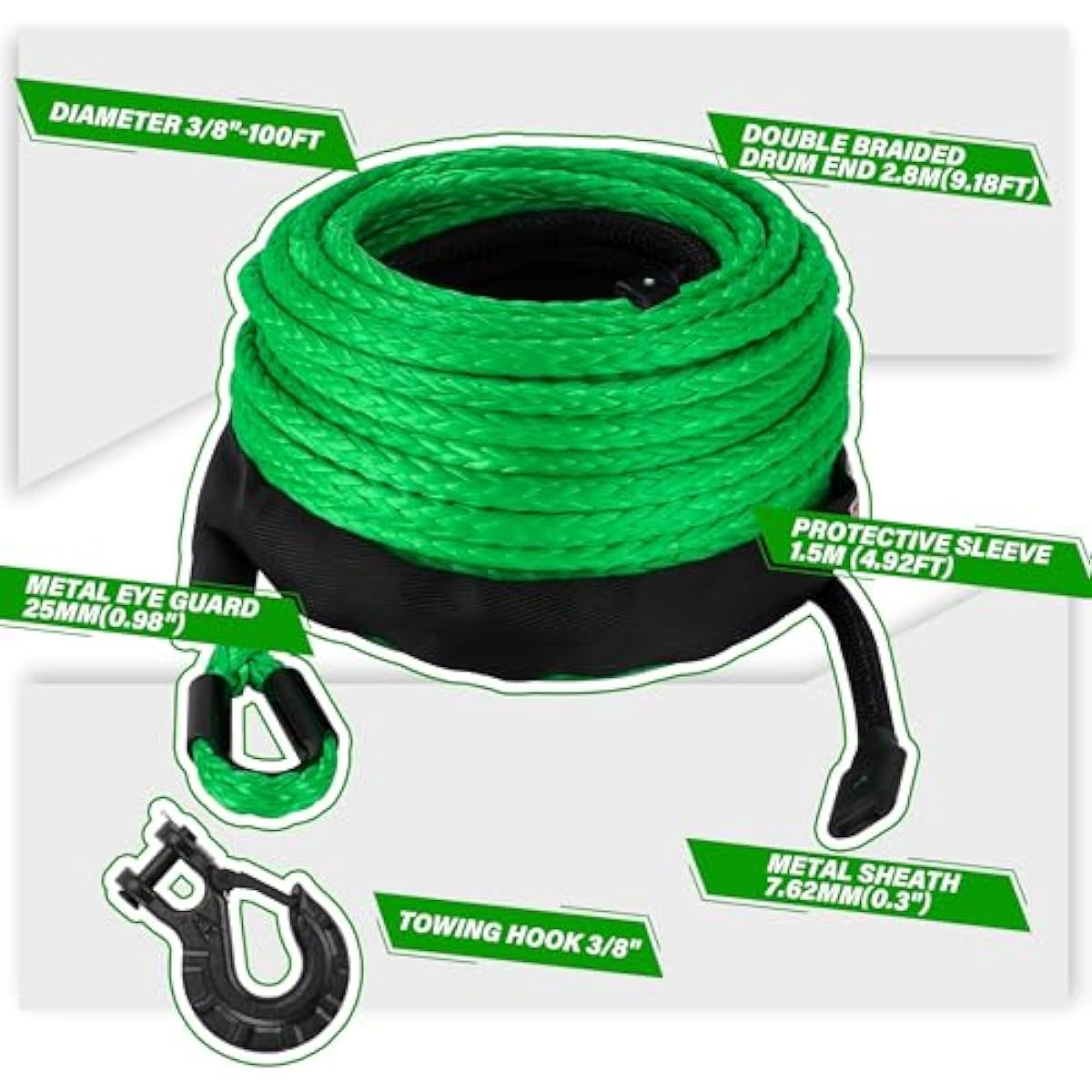 TYT Synthetic Winch Rope 3/8" X 92' with Hook, 27000LBS Synthentic Winch Cable Kit with Protective Sleeve for 4WD Off Road Vehicle Truck SUV Jeep (Green)