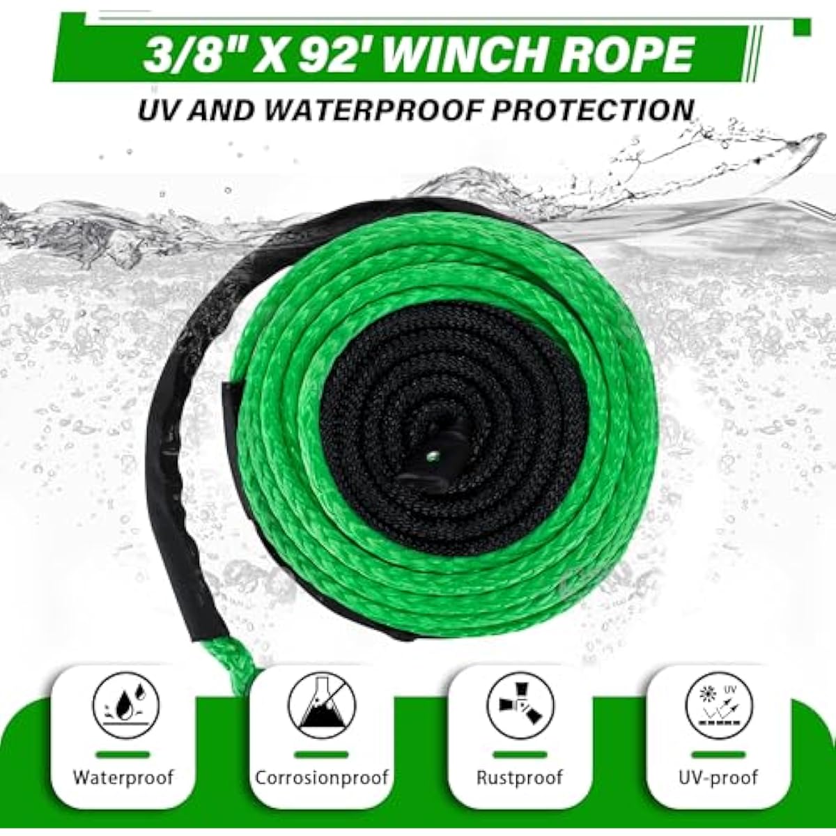 TYT Synthetic Winch Rope 3/8" X 92' with Hook, 27000LBS Synthentic Winch Cable Kit with Protective Sleeve for 4WD Off Road Vehicle Truck SUV Jeep (Green)