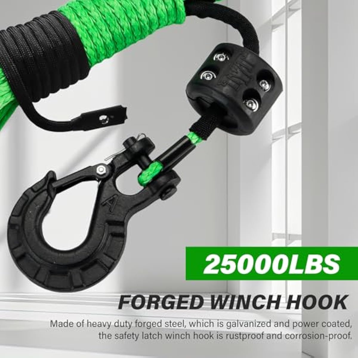 TYT Off-Road Winch Rope Kit ,Green Synthetic Cable with Protective Sheath, Heavy-Duty Hook, Safety Pull Strap & Rubber Stopper Ideal for 4WD ATV UTV Vehicles, (JPS31650G)