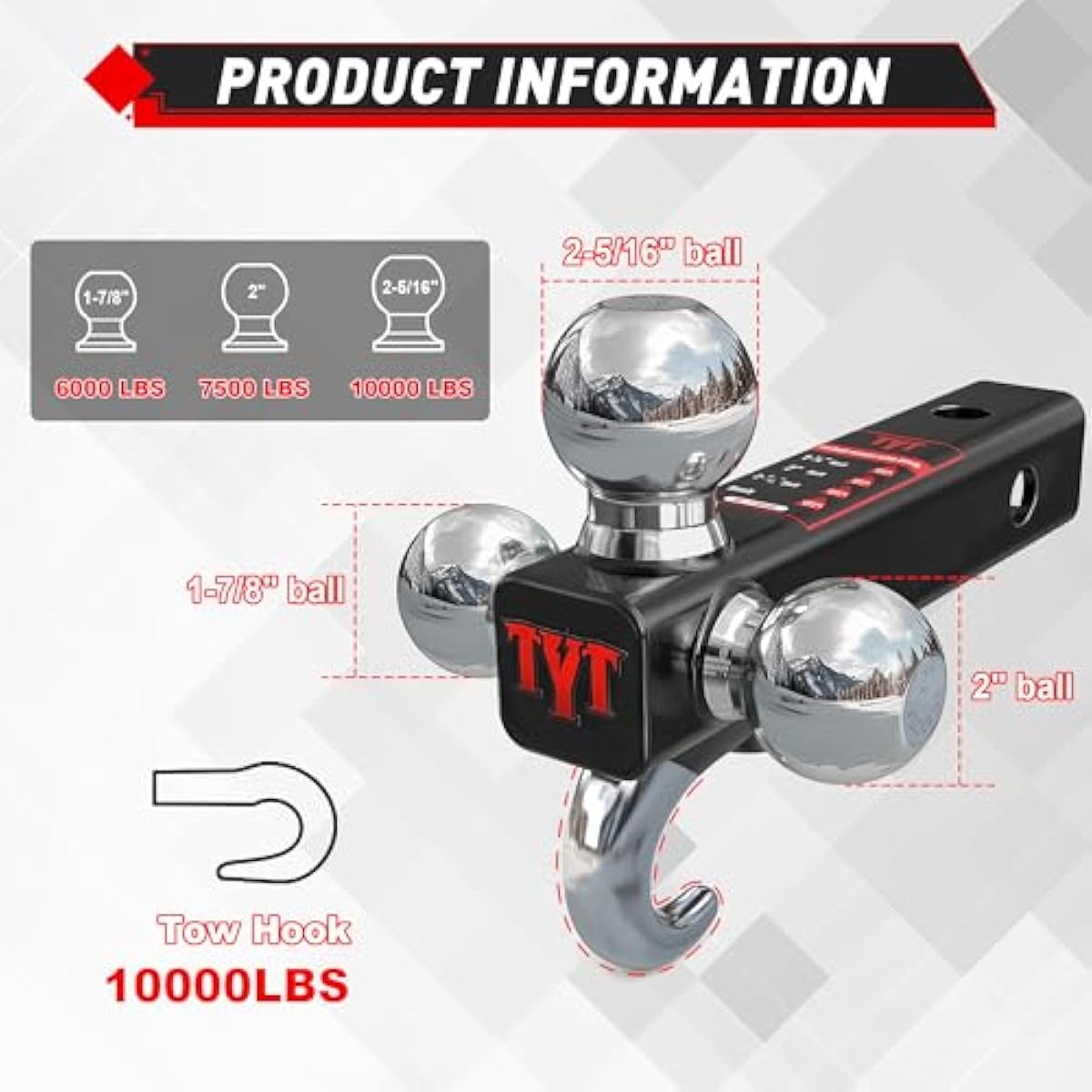 TYT Trailer Hitch Tri Ball Mount with Tow Hook,Fits 2 inch Receiver,1-7/8", 2", 2-5/16"Ball,10,000 lbs GTW,1,000 lbs TW,with Hitch pin