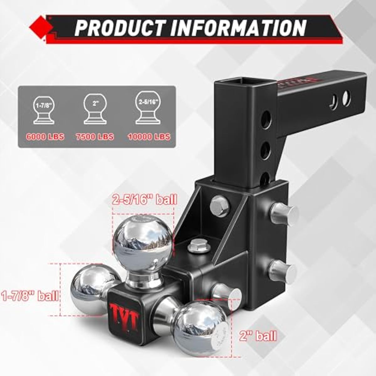 TYT Adjustable Tri-Ball Trailer Hitch for 2 inch Receiver, 5" Drop/Rise, Triple Balls (1-7/8", 2", 2-5/16"), 10,000 lbs GTW, 1,000 lbs TW, Includes Hitch Pin Lock & Tri Pins
