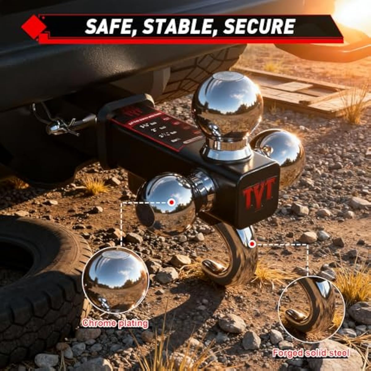 TYT Trailer Hitch Tri Ball Mount with Tow Hook,Fits 2 inch Receiver,1-7/8", 2", 2-5/16"Ball,10,000 lbs GTW,1,000 lbs TW,with Hitch pin