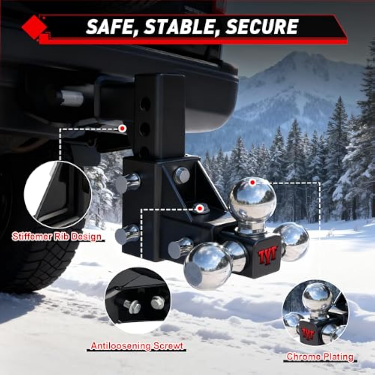 TYT Adjustable Tri-Ball Trailer Hitch for 2 inch Receiver, 5" Drop/Rise, Triple Balls (1-7/8", 2", 2-5/16"), 10,000 lbs GTW, 1,000 lbs TW, Includes Hitch Pin Lock & Tri Pins