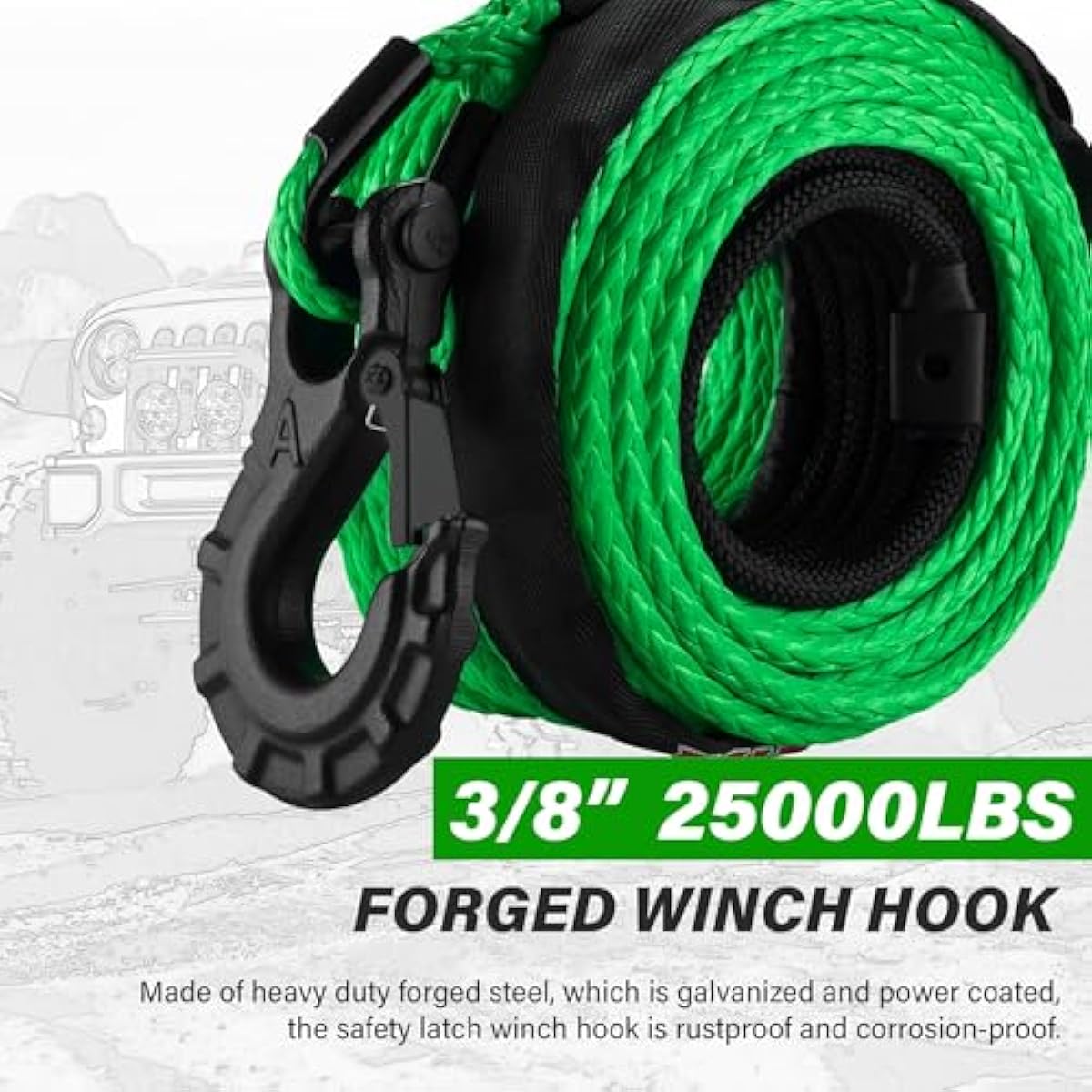 TYT Synthetic Winch Rope 3/8" X 92' with Hook, 27000LBS Synthentic Winch Cable Kit with Protective Sleeve for 4WD Off Road Vehicle Truck SUV Jeep (Green)