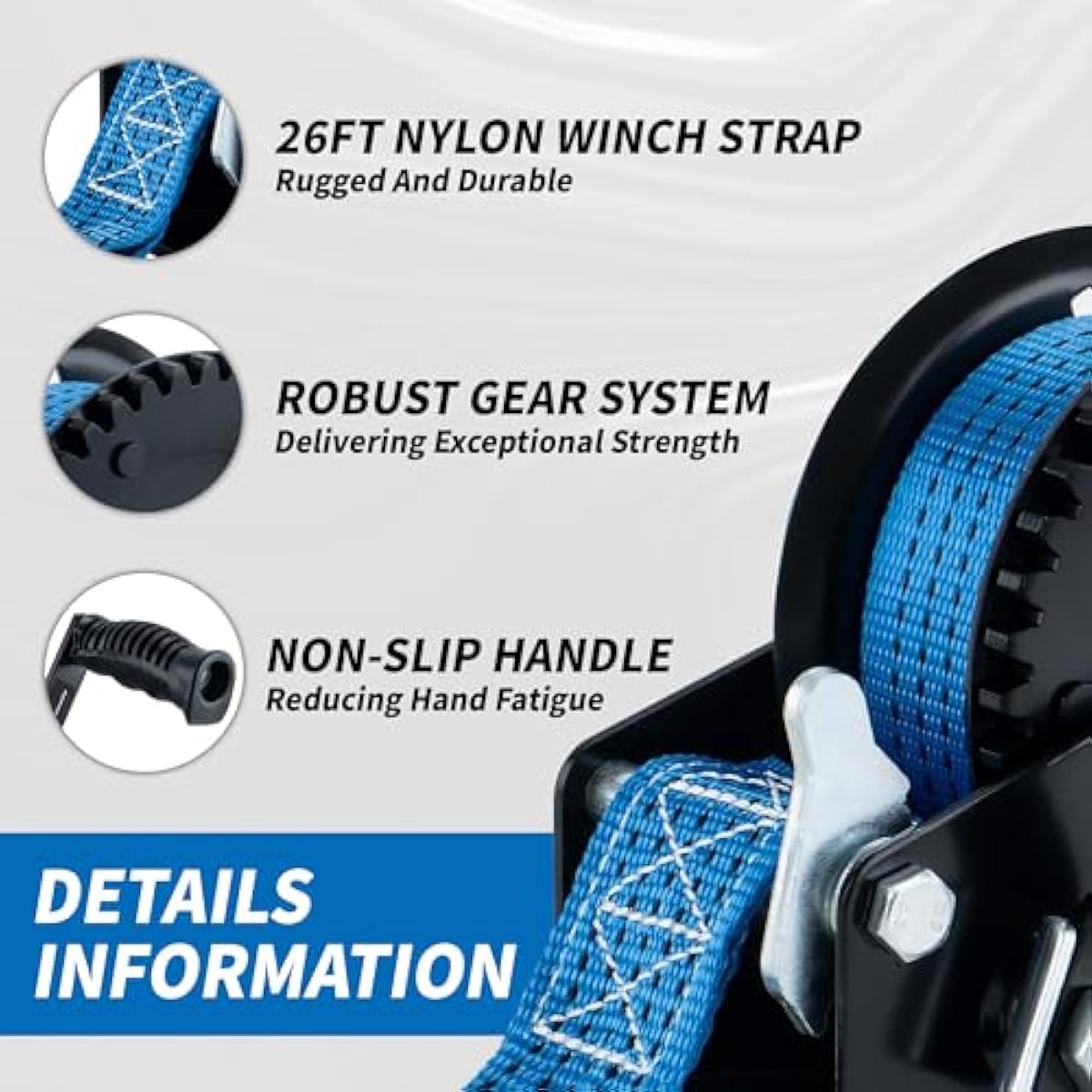 AC-DK 1600lbs Heavy Duty Boat Trailer Winch with 26FT Strap, 2-Way Ratchet & 4:1 Gear Trailer Winch, Portable Hand Crank Winch for Boat, Truck, Trailer, RV, ATV, Jet Ski