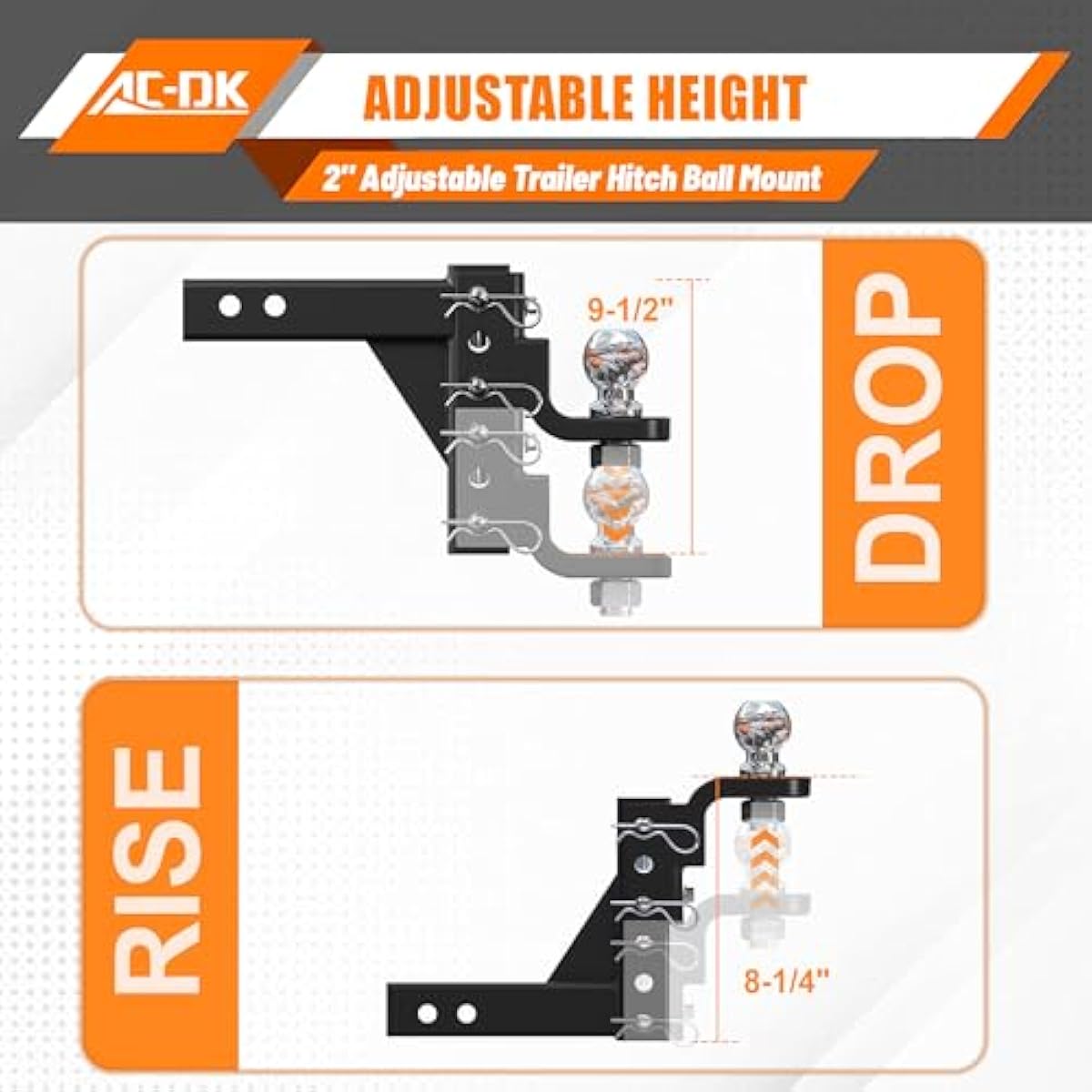 AC-DK Adjustable Trailer Hitch for 2 inch Receiver,9-1/2" Drop & 8-1/4" Rise,Tow Hitch with 2 inch Ball,7500 LBS GTW/750 LBS TW, Includes 2 Pin&Clips and 5/8" Pin Lock