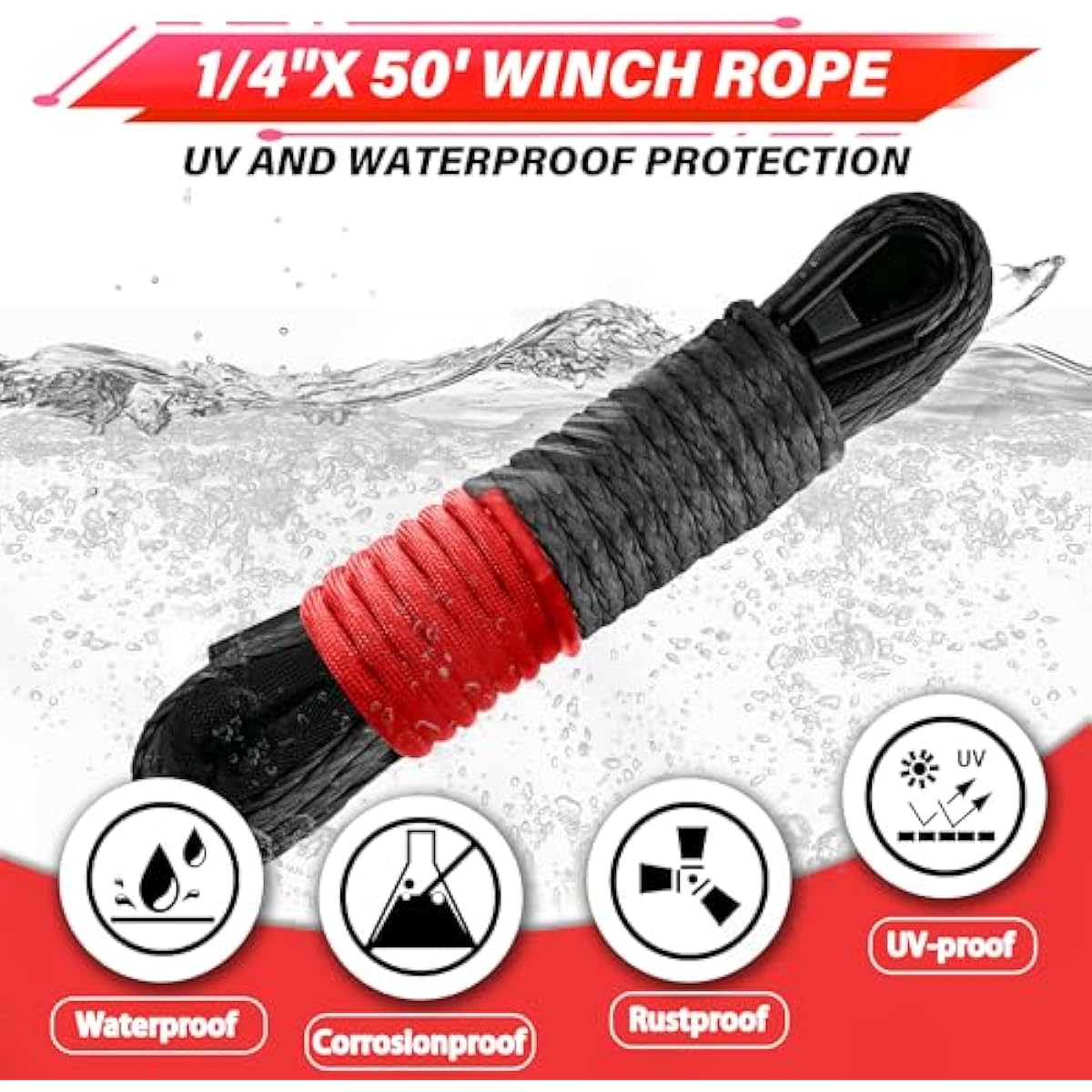 TYT Off-Road Winch Rope Kit - 1/4''x50', 10000 Lbs Black Synthetic Cable with Protective Sheath, Heavy-Duty Hook, Safety Pull Strap & Rubber Stopper Ideal for 4WD ATV UTV Vehicles, Grey, (JPS1450IG)