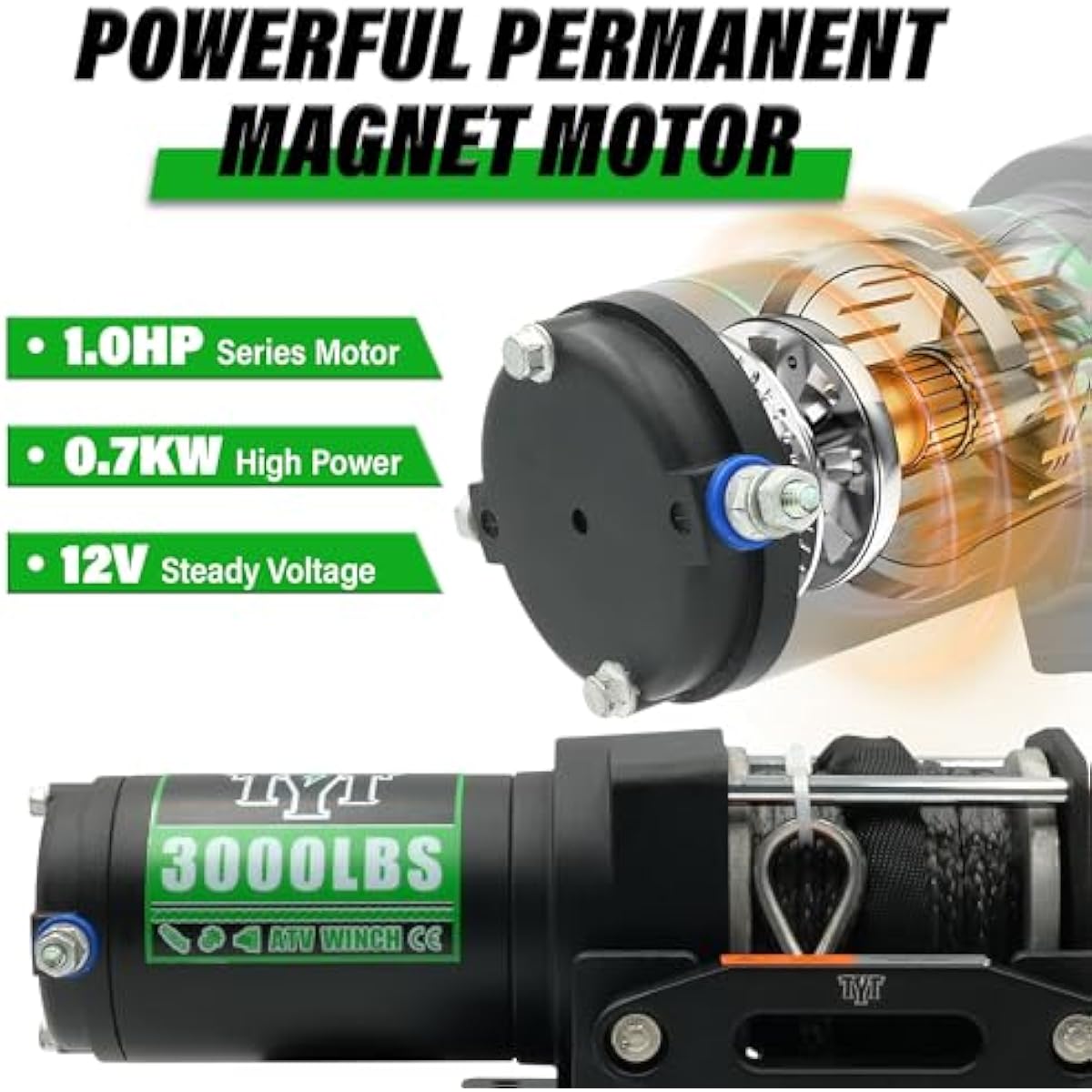 TYT (2500lb|3000lb|3500lb|6500lb) ATV Winch, 12V DC Electric Winch with Wireless Remote and Wired Switch, 1/5"x 32FT Synthetic Winch Rope with Fairlead and Winch Mounting Plate