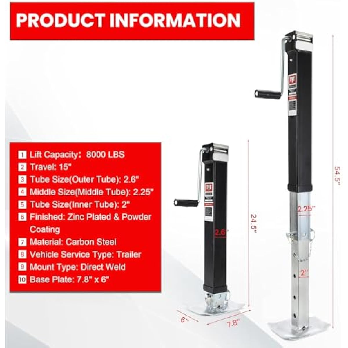 TYT 8000lbs Square Direct Weld Heavy Duty Trailer Jack, 15 Inches Lift Side Wind Square Jack, with 13 Inches Adjustable Drop Leg for Camping Trailer, Boat Trailers, RV Trailers, Black