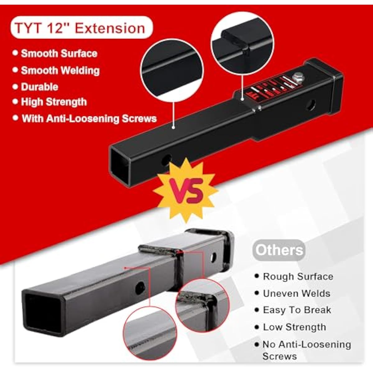 TYT 12" Trailer Hitch Extension for 2 inch Receiver Tube Extender，Includes 2 Sets of 5/8" Premium Hitch Pin, 5000 lbs GTW / 500 lbs TW