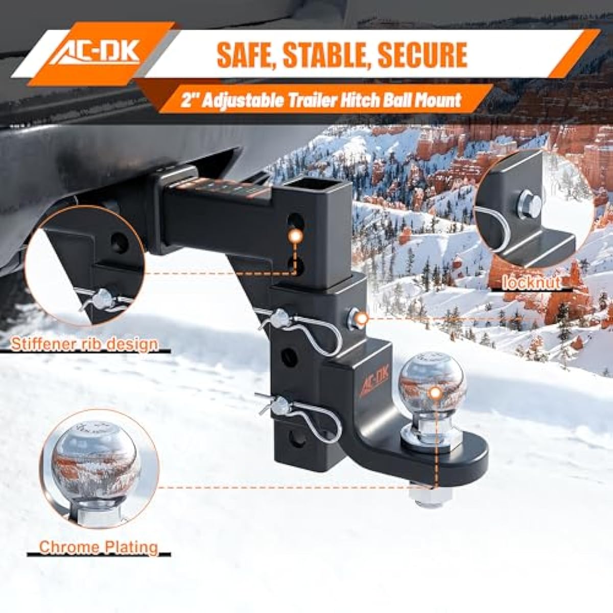 AC-DK Adjustable Trailer Hitch for 2 inch Receiver,9-1/2" Drop & 8-1/4" Rise,Tow Hitch with 2 inch Ball,7500 LBS GTW/750 LBS TW, Includes 2 Pin&Clips and 5/8" Pin Lock