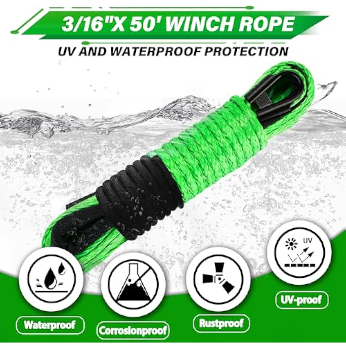 TYT Off-Road Winch Rope Kit ,Green Synthetic Cable with Protective Sheath, Heavy-Duty Hook, Safety Pull Strap & Rubber Stopper Ideal for 4WD ATV UTV Vehicles, (JPS31650G)