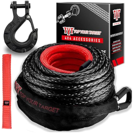 TYT Synthetic Winch Rope Kit,Protective Sleeve, Heavy Duty Hook and Safety Pull Strap for Off-Road 4x4 Vehicles (Black)