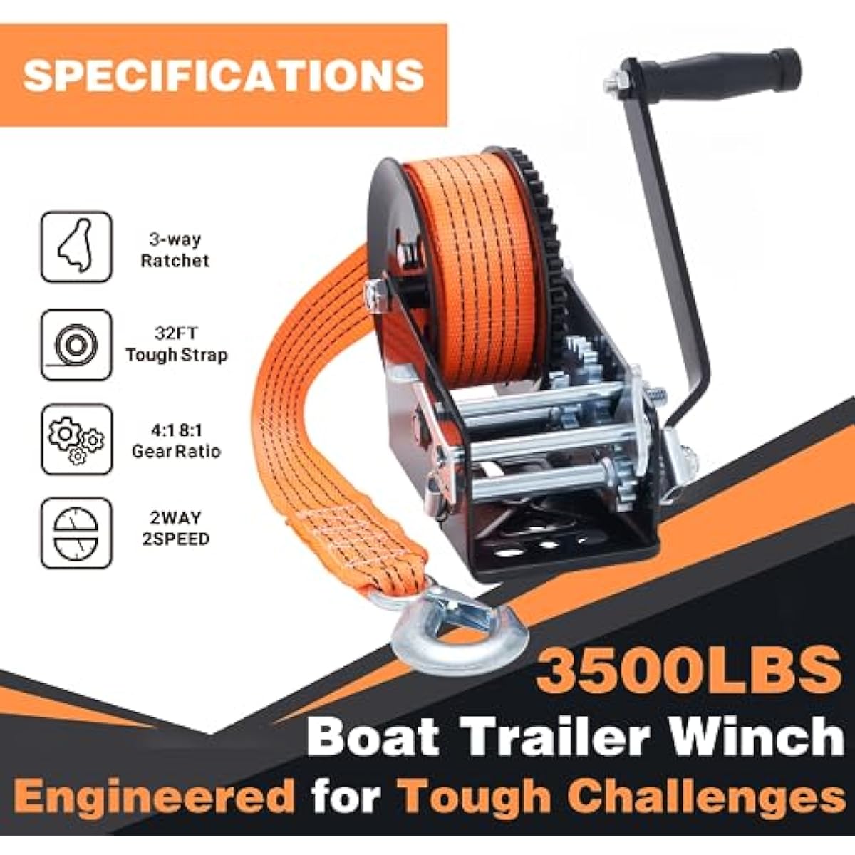 OPENROAD Boat Trailer Winch - Heavy Duty Hand Winch with 32 FT Orange Strap, 2-Way Ratchet With 4:1/8:1 Gear - Ideal for Boat, Truck, Trailer, RV, ATV and Jet Ski - Includes Installation Screws