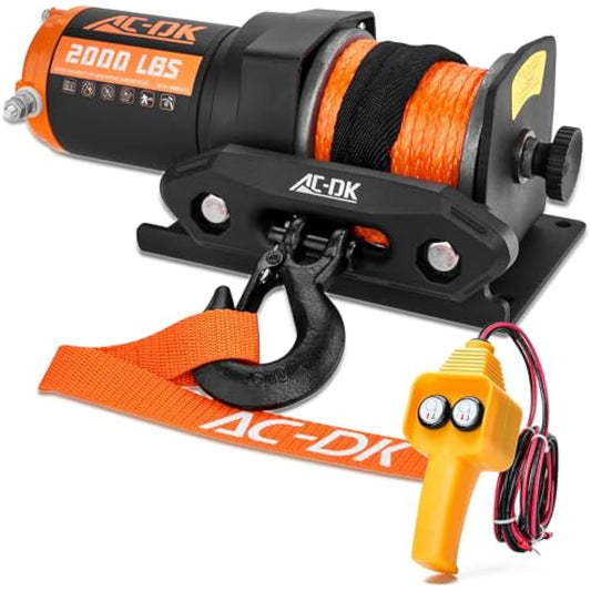 AC-DK 12V 2000lb|2500lb|3500lb|4500lb|5500lb. ATV/UTV Electric Winch, Off-Road Synthetic Rope Winch for Trailer Boat RV Towing Winches, ATV/UTV Winch with Big Yellow Wired Remote and Winch Mounting Plate