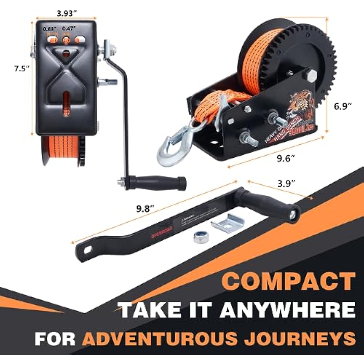 OPENROAD Boat Trailer Winch - Heavy Duty Hand Winch with 32 FT Orange Strap, 2-Way Ratchet With 4:1/8:1 Gear - Ideal for Boat, Truck, Trailer, RV, ATV and Jet Ski - Includes Installation Screws