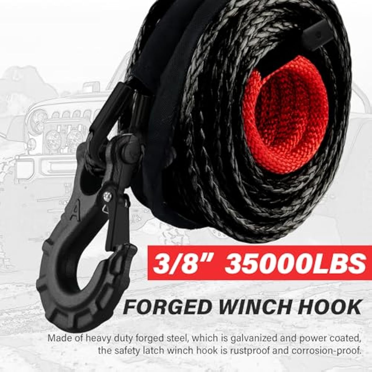 TYT Synthetic Winch Rope Kit,Protective Sleeve, Heavy Duty Hook and Safety Pull Strap for Off-Road 4x4 Vehicles (Black)