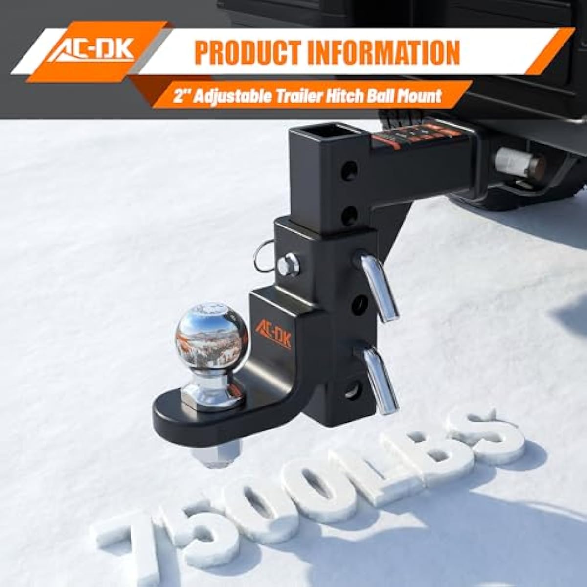 AC-DK Adjustable Trailer Hitch for 2 inch Receiver,9-1/2" Drop & 8-1/4" Rise,Tow Hitch with 2 inch Ball,7500 LBS GTW/750 LBS TW, Includes 2 Pin&Clips and 5/8" Pin Lock