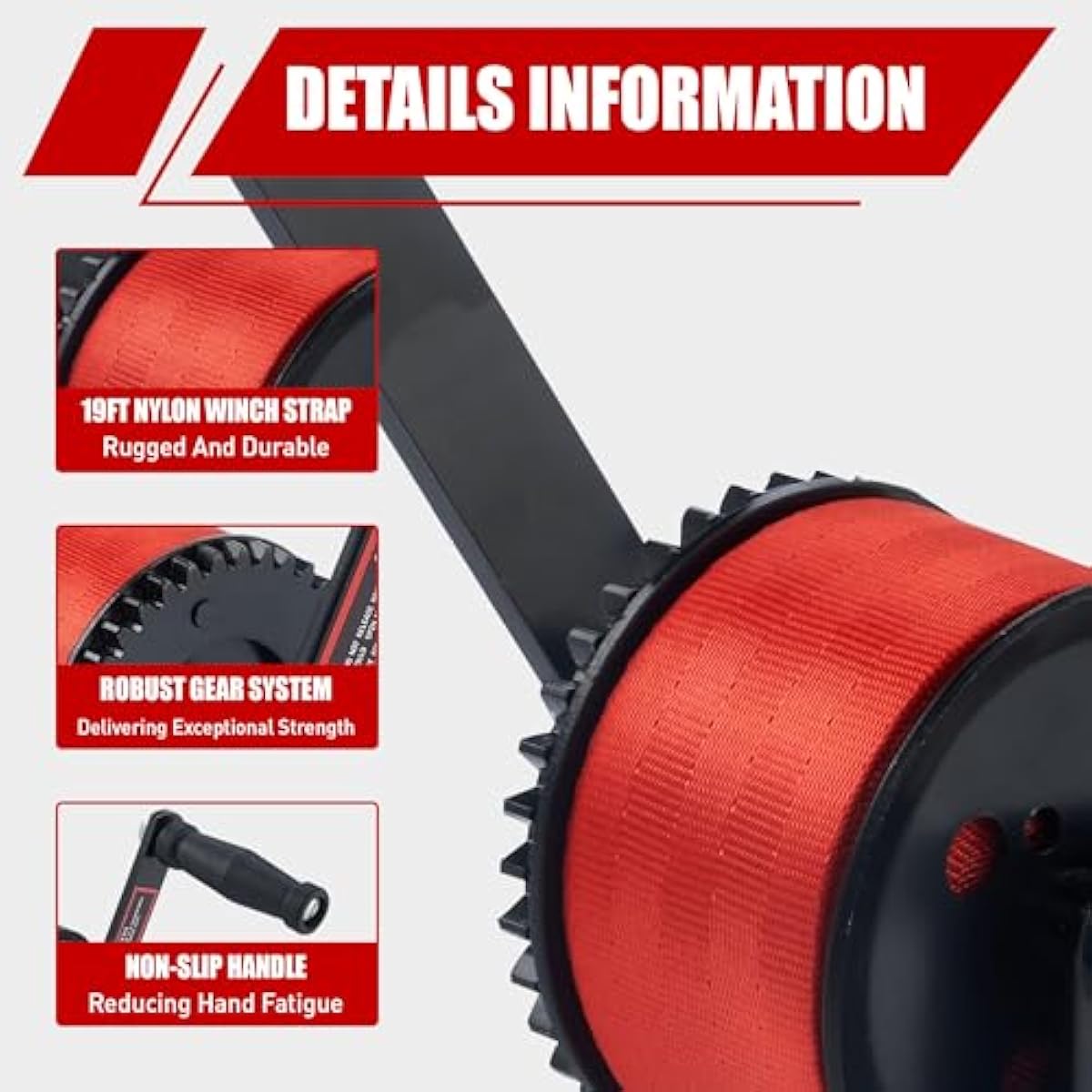 TYT 600LB Boat Trailer Winch with Red Nylon Strap, Anti-Slip Handle Crank Gear Hand Winch, Portable Two-Way Ratchet Forward & Backward Manual Rope Ratio 3.2:1 Winch for ATV Jet Ski Trailer Small Winch