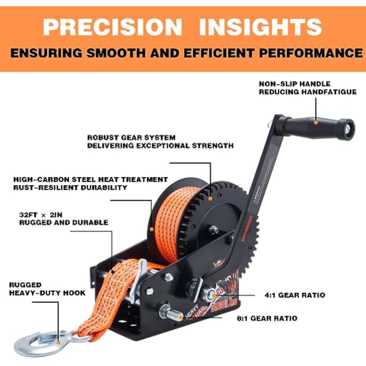 OPENROAD Boat Trailer Winch - Heavy Duty Hand Winch with 32 FT Orange Strap, 2-Way Ratchet With 4:1/8:1 Gear - Ideal for Boat, Truck, Trailer, RV, ATV and Jet Ski - Includes Installation Screws