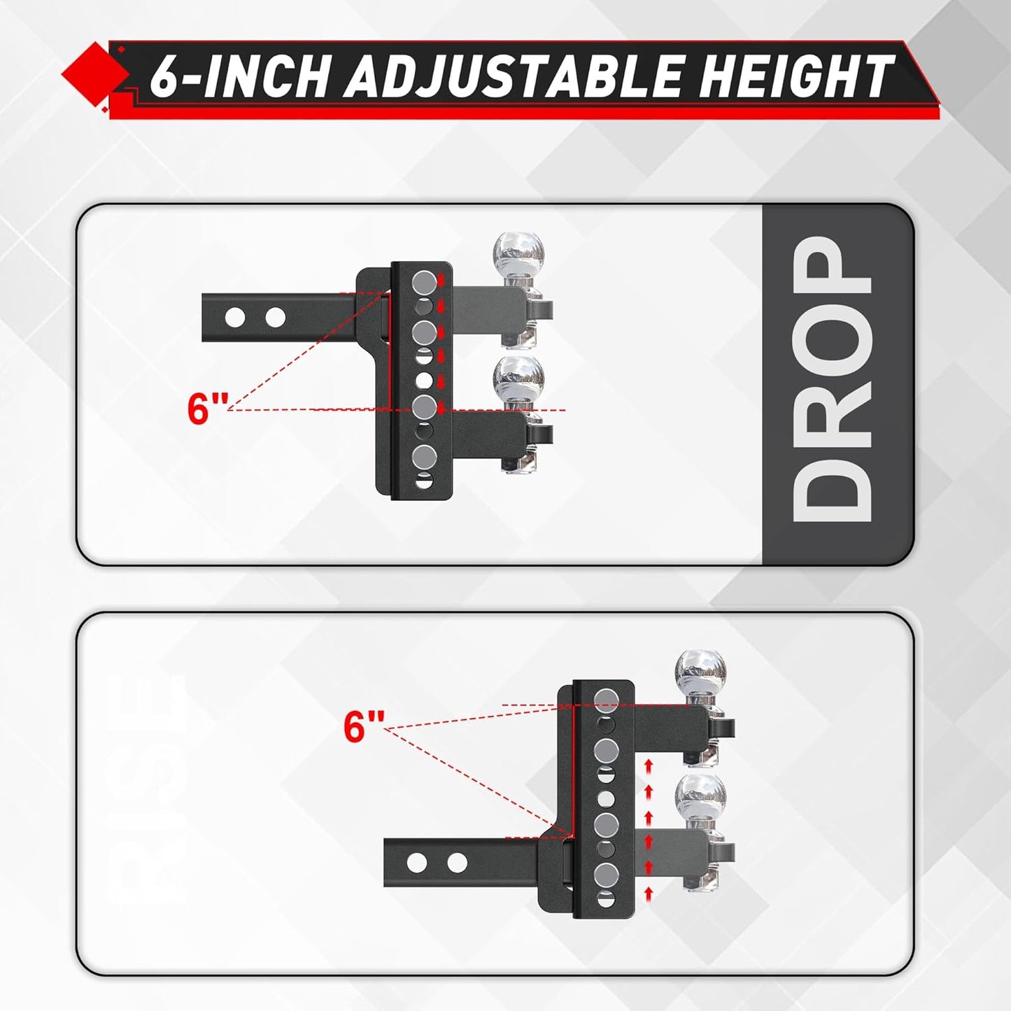 TYT Adjustable Trailer Hitch for 2" Receiver, 6" Drop/Rise, 2" Tow Ball, 7,500 lbs GTW / 750 lbs TW, Includes Two Pins and One Anti-Theft Pin Lock