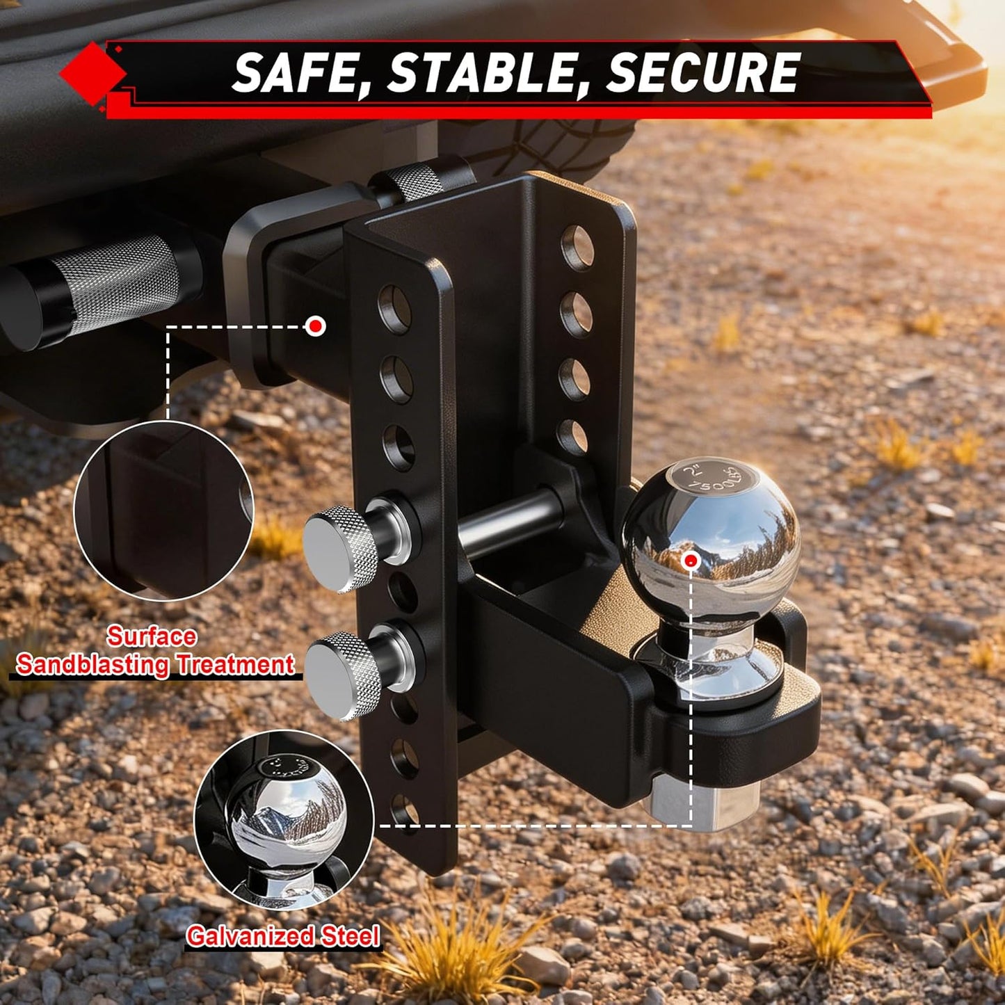 TYT Adjustable Trailer Hitch for 2" Receiver, 6" Drop/Rise, 2" Tow Ball, 7,500 lbs GTW / 750 lbs TW, Includes Two Pins and One Anti-Theft Pin Lock