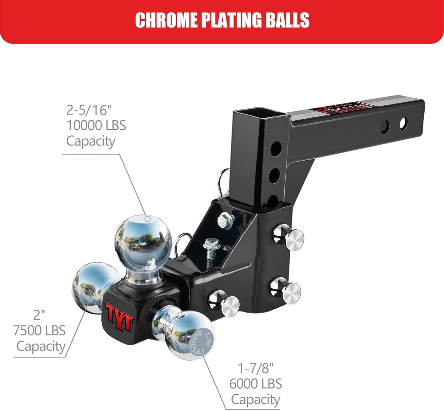 TYT Adjustable Trailer Hitch Ball Mount, Tri-Ball (1-7/8'' X 2'' X 2-5/16''), Fits 2'' Receiver