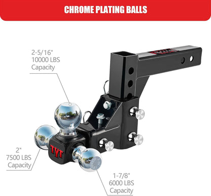 TYT Adjustable Trailer Hitch Ball Mount, Tri-Ball (1-7/8'' X 2'' X 2-5/16''), Fits 2'' Receiver