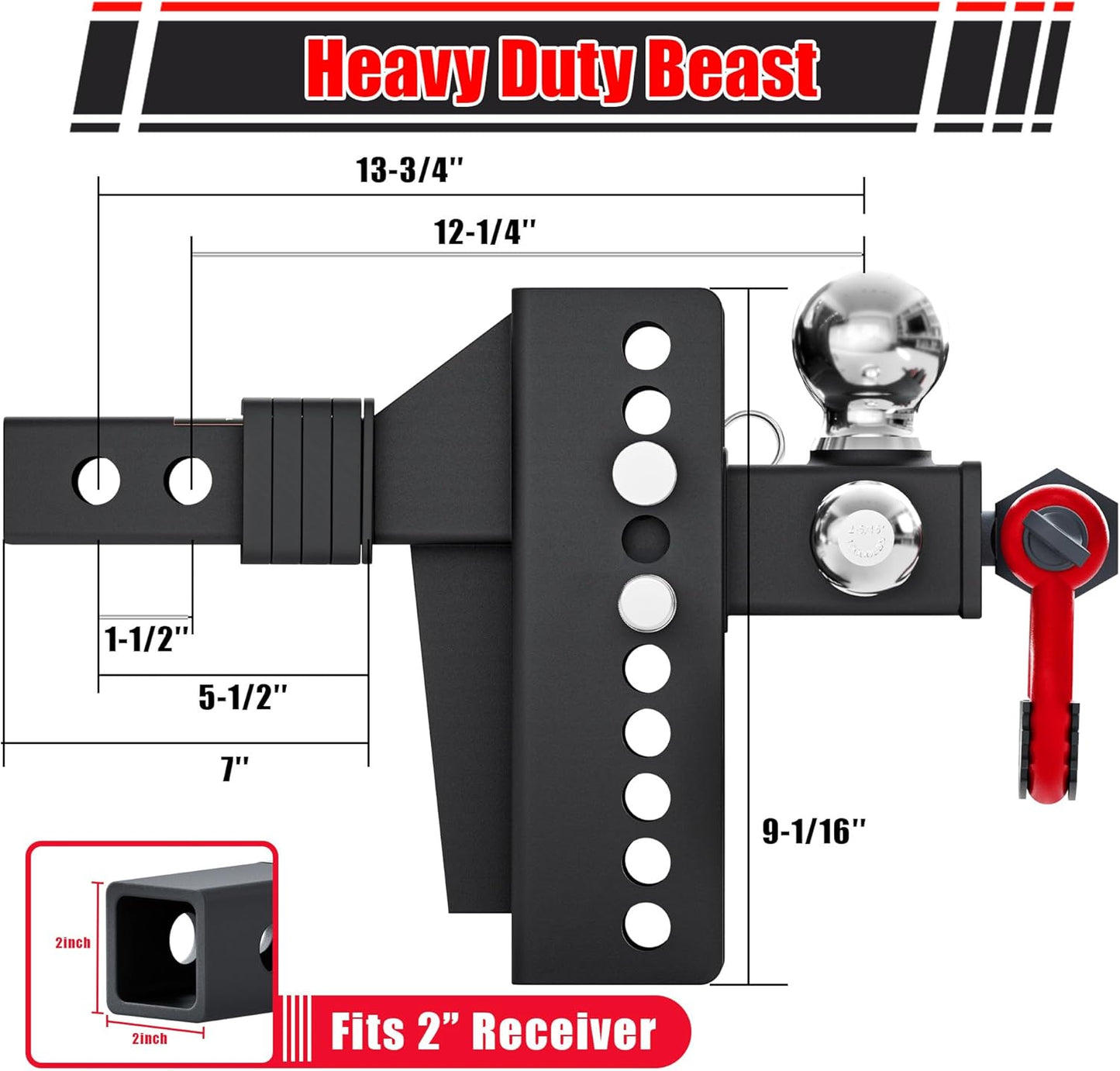 TYT Adjustable Heavy-Duty Trailer Hitch Tri-Ball Mount with Locks&Pin&Rotatable Tow Shackle, Fits 2-in Receiver, 4-1/2" Rise/Drop, 1-7/8" & 2" &2-5/16" Ball, 10000LBS GTW