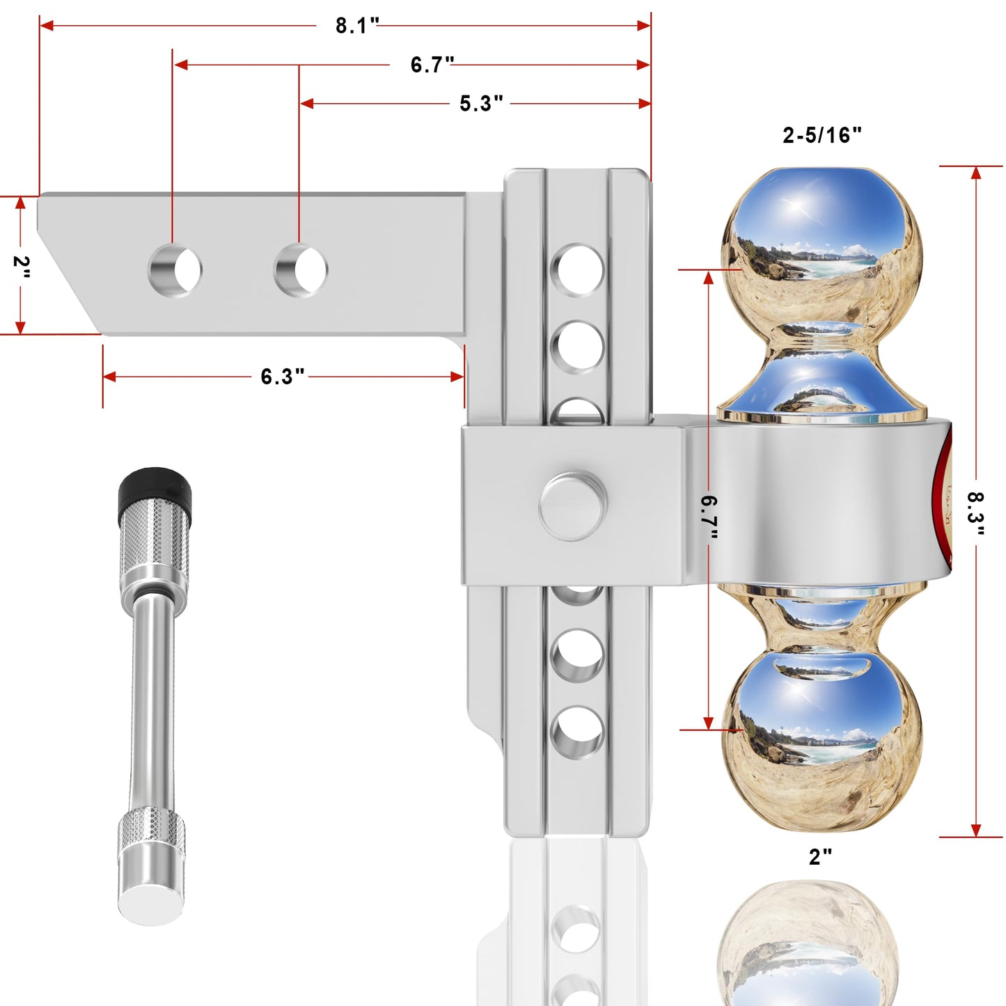 Adjustable Trailer Hitch, Fits 2-Inch Receiver,  Heavy Duty Aluminum Drop Hitch,12,500 LBS GTW-Tow Hitch for Truck Jeep Trailer with Double Stainless Steel Locks, Not Loose