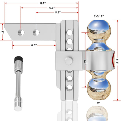 Adjustable Trailer Hitch, Fits 2-Inch Receiver,  Heavy Duty Aluminum Drop Hitch,12,500 LBS GTW-Tow Hitch for Truck Jeep Trailer with Double Stainless Steel Locks, Not Loose
