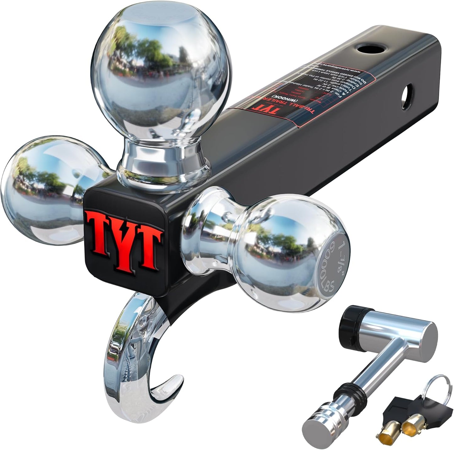 TYT Tri Ball Hitch Trailer Mount With Locks, Tow Hook & Clevis Shackle, Fits 2 Inch Receiver With 2-5/16", 2", 1-7/8" Ball, Black