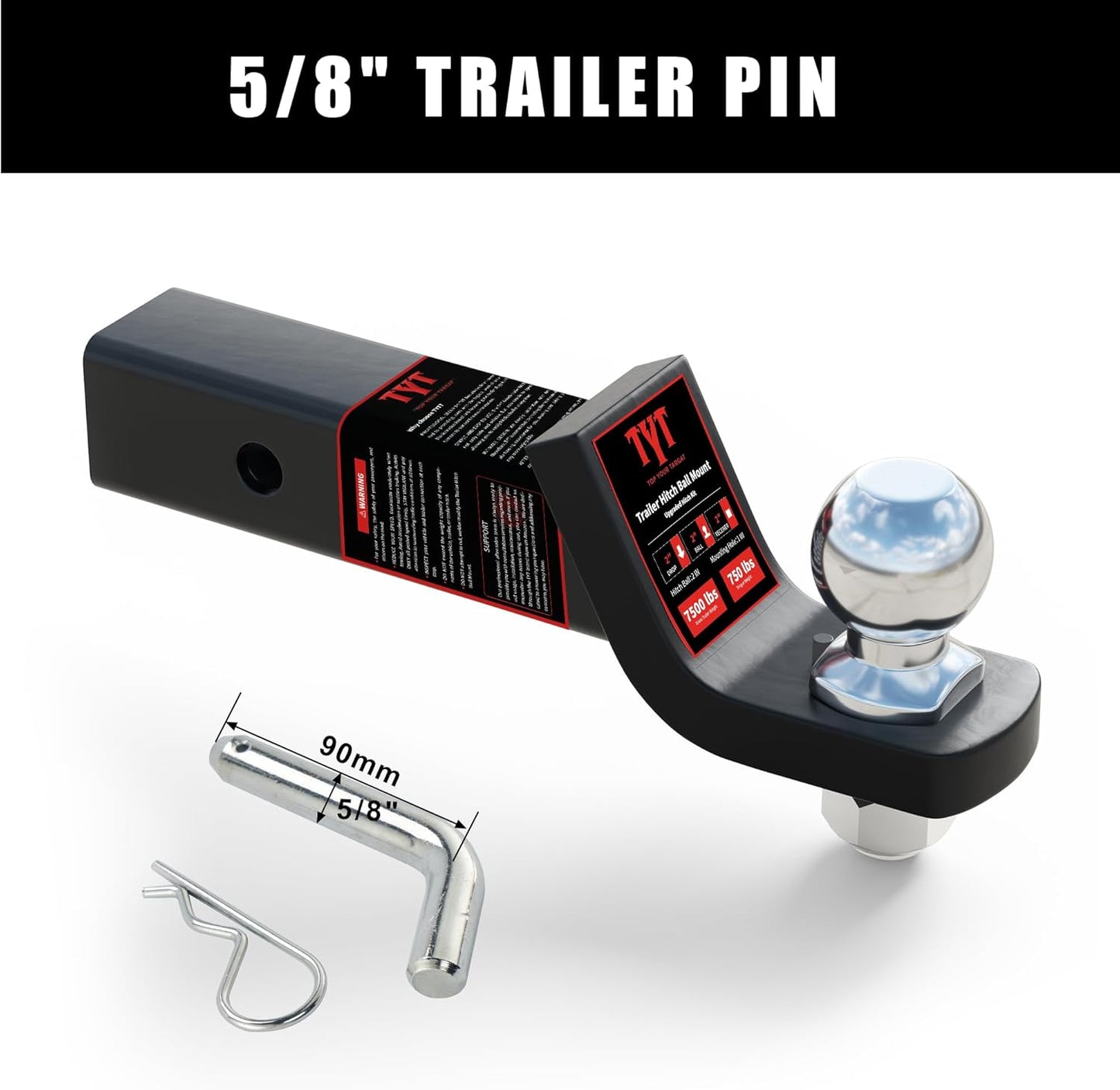 TYT Trailer Hitch Ball Mount with 2 Inch Ball & Pin, Fits 2 Inch Receiver, 7500lbs, 2 Inch Drop, Upgraded Hitch Kit Black with Anti-Rattle Pin