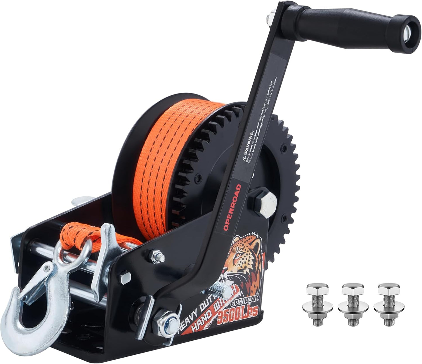 OPENROAD Boat Trailer Winch - Heavy Duty Hand Winch with 32 FT Orange Strap, 2-Way Ratchet With 4:1/8:1 Gear - Ideal for Boat, Truck, Trailer, RV, ATV and Jet Ski - Includes Installation Screws