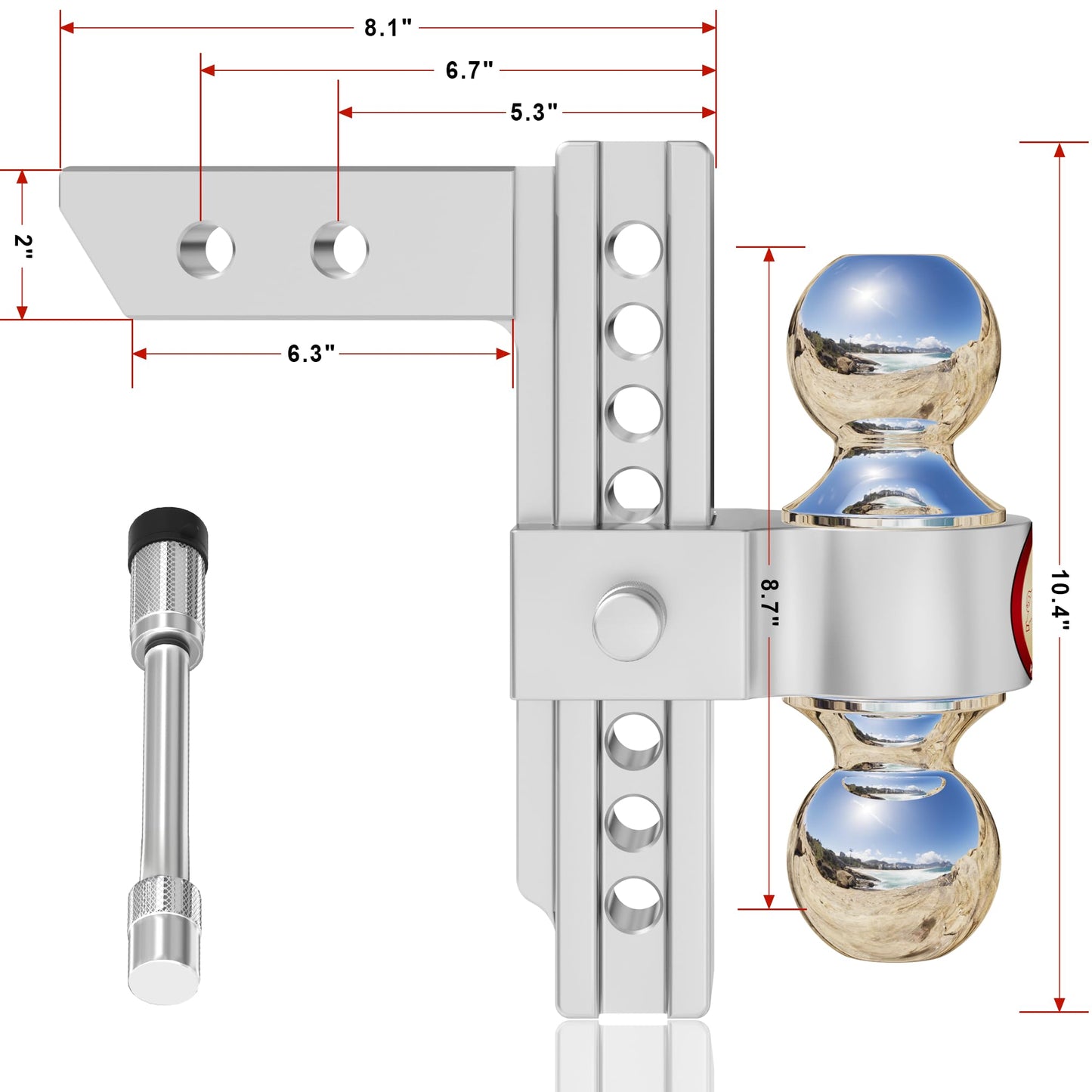 Adjustable Trailer Hitch, Fits 2-Inch Receiver,  Heavy Duty Aluminum Drop Hitch,12,500 LBS GTW-Tow Hitch for Truck Jeep Trailer with Double Stainless Steel Locks, Not Loose