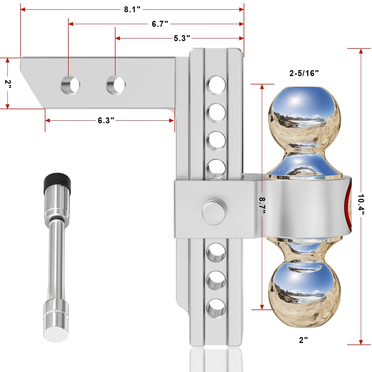 Adjustable Trailer Hitch, Fits 2-Inch Receiver,  Heavy Duty Aluminum Drop Hitch,12,500 LBS GTW-Tow Hitch for Truck Jeep Trailer with Double Stainless Steel Locks, Not Loose