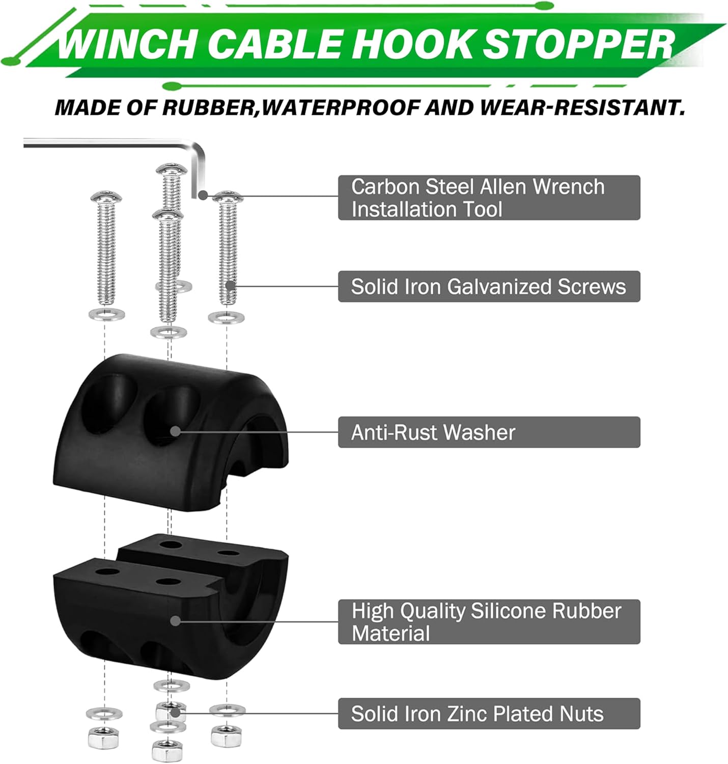 TYT Off-Road Winch Rope Kit - 3/16''x50', 8500 Lbs Green Synthetic Cable with Protective Sheath, Heavy-Duty Hook, Safety Pull Strap & Rubber Stopper Ideal for 4WD ATV UTV Vehicles, (JPS31650G)