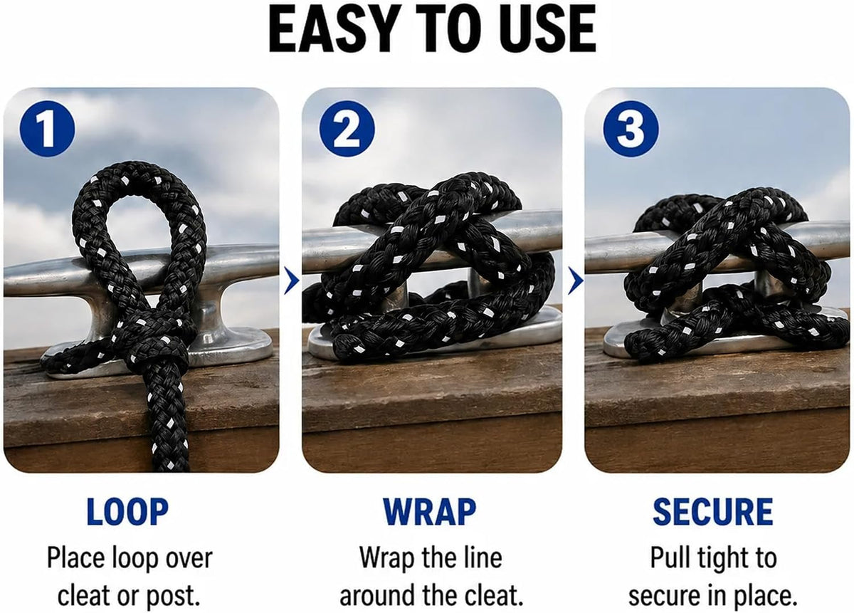 Boat Dock Lines 1/2" x 15' - Double Braided Nylon Boat Ropes for Docking with 12" Loop,Marine-Grade High Strength Boat Lines Dock Rope,Premium Marine Rope Mooring Lines,Easy Handling - 4 Pack