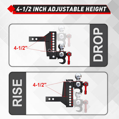 TYT Adjustable Tri-Ball Trailer Hitch for 2 inch Receiver, 4.5" Drop/Rise, Triple Balls (1-7/8", 2", 2-5/16") with Tow Hook & Shackle, 10,000 lbs GTW, 1,000 lbs TW, Pin Lock & Hitch Tightener